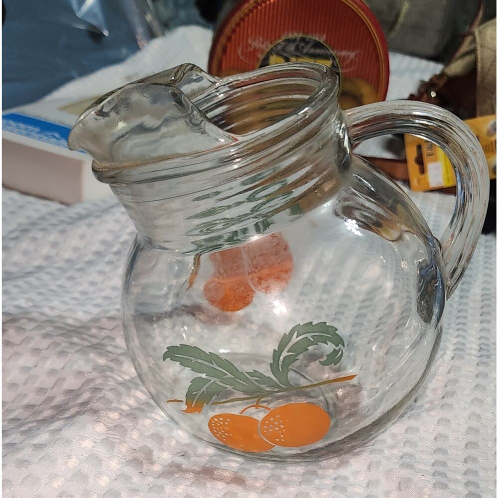 VINTAGE ANCHOR HOCKING EUC TILT BALL PITCHER WITH ORANGES
